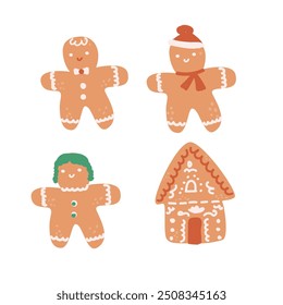Gingerbread cookies set for christmas holiday. Ginger xmas decoration cookie collection in flat style. Hand drawn vector illustration of pastry bakery. Happy holiday elements set.