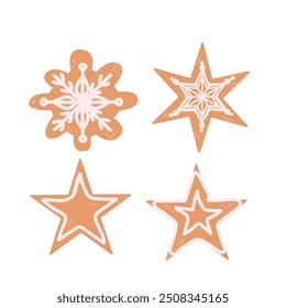 Gingerbread cookies set for christmas holiday. Ginger xmas decoration cookie collection in flat style. Hand drawn vector illustration of pastry bakery. Happy holiday elements set.