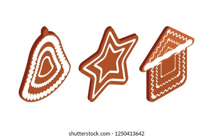 Gingerbread cookies set Christmas holidays food vector. Star and house, bell biscuit with frosting and dotted decoration, traditional meal in winter