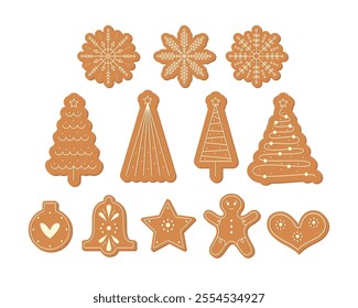 Gingerbread Cookies Set. Christmas and New Year Food Collection. Home Festive Baked Bell, Star, Heart, Gingerbread Man, Snowflakes.