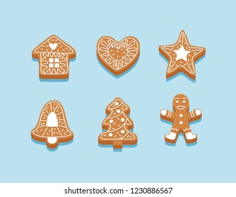 Gingerbread cookies, a set of different cookies decorated with glaze. Christmas decorations, vector illustration template