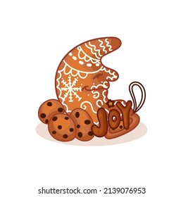 Gingerbread cookies, a set of different cookies decorated with glaze. Christmas decorations