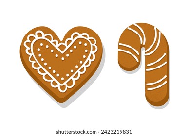 Gingerbread cookies set. Homemade bakery and pastry eating. Dessert and delicacy for Christmas. Heart and lollipop with snowflakes. Cartoon flat vector collection isolated on white background