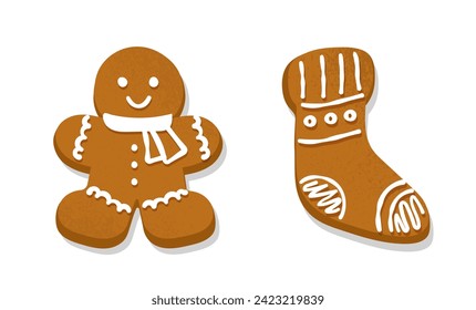 Gingerbread cookies set. Homemade bakery and pastry eating. Dessert and delicacy for Christmas and New Year. Man and sock with snowflakes. Cartoon flat vector collection isolated on white background