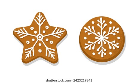 Lebkuchengebäck-Set. Eigene Bäckerei und Konditorei. Dessert und Delikatesse für Winterferien. Stern und Kreis mit Schneeflocken. Cartoon-FlachVektorgrafik, einzeln auf weißem Hintergrund