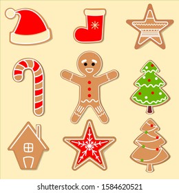 Gingerbread cookies set isolated on a white background. Red hat, house, lollipop, star, tree, human, slipper.