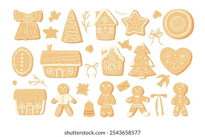 Gingerbread cookies set isolated on white background. Bow, evergreen tree and ginger house and man. Homemade festive baking. Christmas sweet dessert with frosting decor. Vector illustration