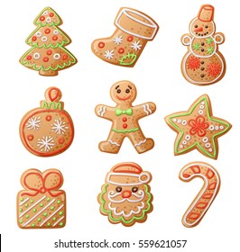 Las galletas de pan de jengibre están aisladas en fondo blanco. Árbol de Navidad decorativo, calcetín, muñeco de nieve, bola, hombre, estrella, regalo, santa clausura, dulces