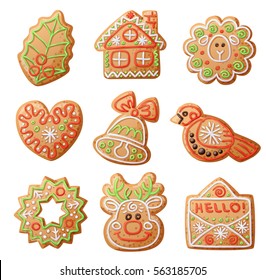 Gingerbread Cookies set isolated on white background. Decorative holly leaf, house, sheep, heart, hand bell, red cardinal, wreath, deer, letter