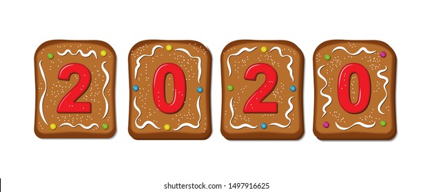 Gingerbread cookies with a set of numbers 2020. Christmas and new year decoration. Flat design.