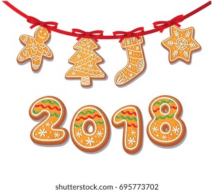Gingerbread cookies set on garland vector isolated illustration on a white background New year 2018 numbers baked cartoon sweet cake man, tree stocking snowflake. Traditional winter holiday home treat