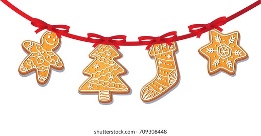 Gingerbread cookies set on garland vector isolated illustration on a white background. New year baked cartoon sweet cake man, tree snowflake stocking. Traditional winter holiday home treat