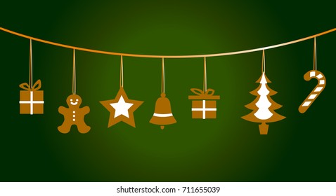 A gingerbread cookies set on garland vector isolated illustration on a green background.