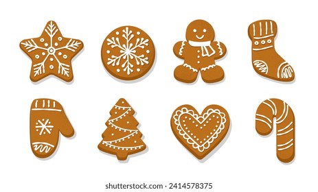 Gingerbread cookies set. Sweet man, snowflake, mitten and heart. Homemade dessert and delicacy for Noel Eve, Christmas and New Year. Cartoon flat vector collection isolated on white background