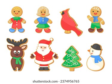 Gingerbread cookies set. Vector Christmas sugar cookies decorated with colorful icing. Gingerbread man, woman, santa and deer isolated. Festive sweet food vector illustration. Home bakery clipart.