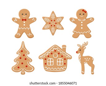 Gingerbread cookies set. Vector illustration of Christmas baking. Gingerbread man, Christmas fir tree, reindeer, house and snowflake in sugar icing isolated on white background. Cartoon flat style.