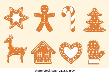 Gingerbread cookies set. Vector illustration of Christmas baking in sugar icing isolated on white background. Cartoon flat style