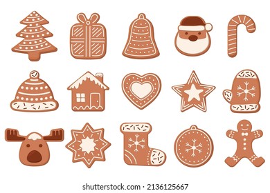 Gingerbread cookies set. Vector illustrations of sweet homemade snacks with icings for winter holidays. Cartoon cute ginger biscuits of different shapes isolated on white. Christmas, dessert concept
