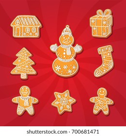 Gingerbread cookies set vector isolated illustration on a red background. New year baked cartoon sweet cake gingerbread man, snowman spruce tree, house snowflake stocking gift packaging