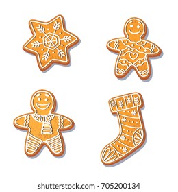 Gingerbread cookies set vector isolated illustration on a white background. New year baked cartoon sweet cake gingerbread man, stocking snowflake. Traditional winter holiday home treat