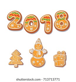 Gingerbread cookies set vector isolated illustration on a white background. New year baked cartoon sweet cake 2018 numbers snowman, spruce tree, gift . Traditional winter holiday home treat