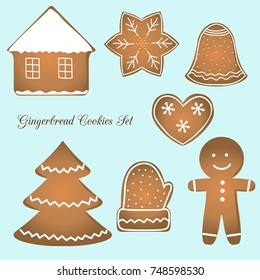 Gingerbread cookies set. Xmas set with men, house, star, bell, mitten, Xmas tree and heart.