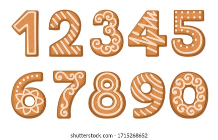 Gingerbread Cookies In The Shape Of Arabic Numbers Vector Set