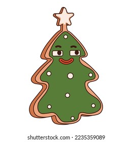 Gingerbread cookies in the shape of a Christmas tree. In a trendy groove style. Vibes 70s. For prints, postcards, posters.