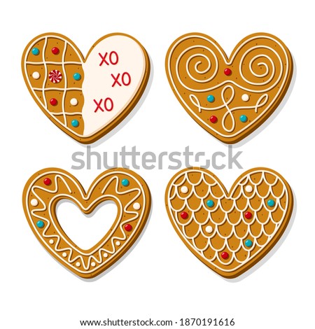Gingerbread cookies in the shape of a heart. Vector illustration of romantic baked goods in icing sugar isolated on white background. Cartoon style