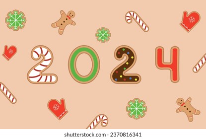 Gingerbread cookies in the shape of the number 2024,New Year cookies, Christmas, 2024. Vector illustration.