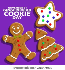 Gingerbread cookies in the shape of people, stars and Christmas tree with bold text on purple background to celebrate Gingerbread Cookie Day on November 21