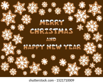Gingerbread cookies in the shape of stars and snowflakes with a congratulatory inscription. Merry Christmas and happy New year