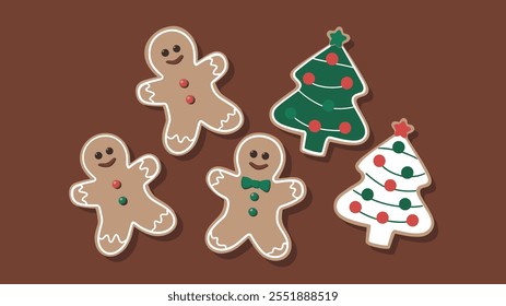 Gingerbread cookies shaped like men and Christmas trees, decorated with icing and candy, festive holiday treat on a brown background