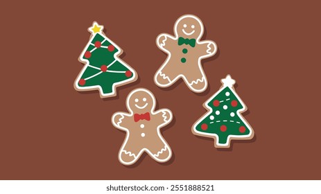 Gingerbread cookies shaped like men and Christmas trees, decorated with icing and candy, festive holiday treat on a brown background