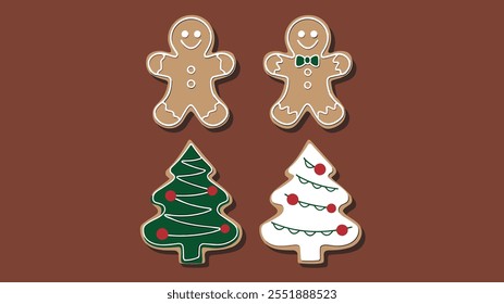 Gingerbread cookies shaped like men and Christmas trees, decorated with icing and candy, festive holiday treat on a brown background