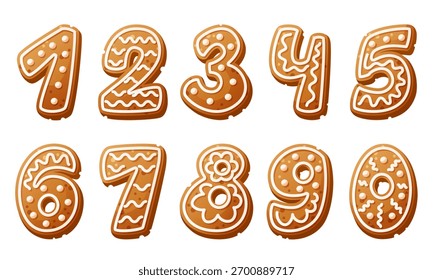 Biscoitos de gengibre em forma de números de 0 a 9. Cada biscoito é decorado com padrões coloridos de cobertura. Perfeito para celebrações de Ano Novo.