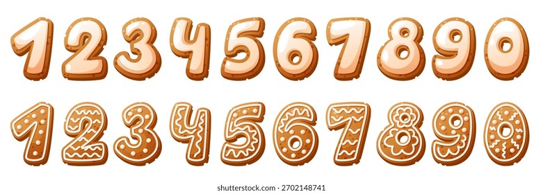 Biscoitos de gengibre em forma de números de 0 a 9. Cada biscoito é decorado com padrões coloridos de cobertura. Perfeito para celebrações de Ano Novo.	
