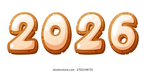 Gingerbread cookies shaped as the numbers 2026. The cookies are decorated with white icing and intricate designs. They have a golden-brown color and a festive appearance.	