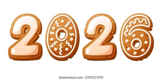 Gingerbread cookies shaped as the numbers 2026. The cookies are decorated with white icing and intricate designs. They have a golden-brown color and a festive appearance.	