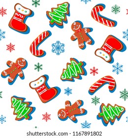 Gingerbread cookies with snowflakes. Christmas print. Seamless pattern. White. 