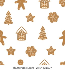 Galletas de jengibre y copos de nieve sin patrón, ideal para tarjetas de vacaciones, papel de regalo.