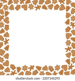 Gingerbread cookies square frame. Winter homemade sweets pattern on white background. Isolated vector illustration 