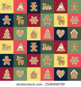 Gingerbread Cookies Square Pattern. Seamless Geometric Checkered Print with Christmas Cookies. Gingerbread House, Deer, Heart, Gingerbread Man, Star. Holiday Background. Template. Vector illustration