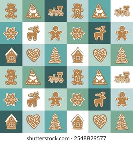 Gingerbread Cookies Square Pattern. Seamless Geometric Checkered Print with Christmas Cookies. Gingerbread House, Deer, Heart, Gingerbread Man, Star. Holiday Background. Template. Vector illustration.