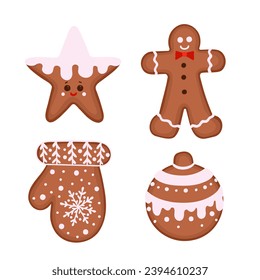 gingerbread cookies, star , glove and man cookies. Vector Illustration for backgrounds, covers and packaging. Image can be used for greeting cards, posters and textile. Isolated on white background.