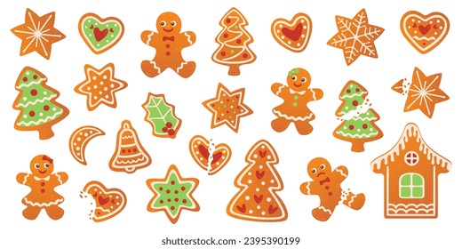 Gingerbread cookies. Stickers set. Winter homemade sweets in shape of house and gingerbread man and moon, star and snowflake, xmas tree and heart. Cartoon Vector illustration