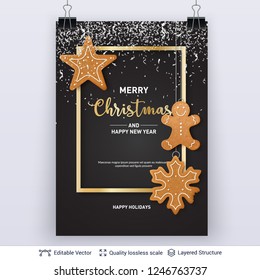 Gingerbread cookies and text on dark banner. Traditional Christmas decorative treat. New Year holiday background template.