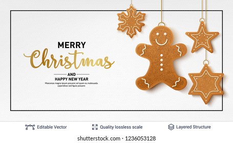 Gingerbread cookies and text on light banner. Traditional Christmas decorative treat. New Year holiday background template.