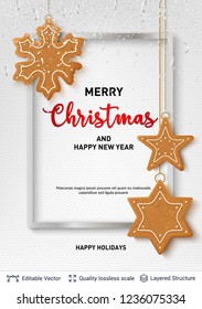 Gingerbread cookies and text on light banner. Traditional Christmas decorative treat. New Year holiday background template.