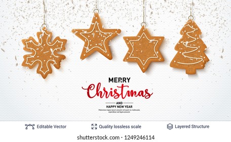 Gingerbread cookies and text on light banner. Traditional Christmas decorative treat. New Year holiday background template.